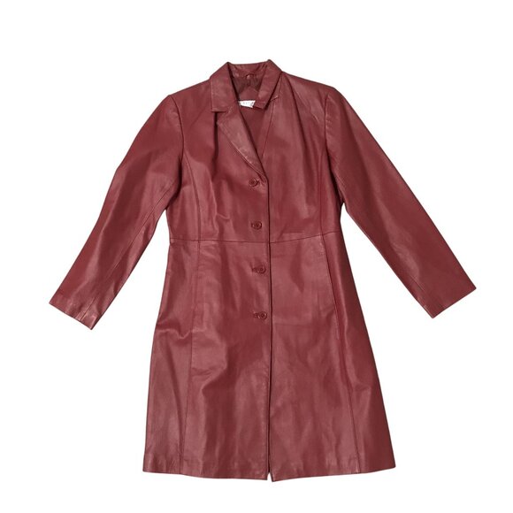 Vintage Womens Red Mid Length Leather Overcoat Size 8 NWOT - Picture 1 of 10